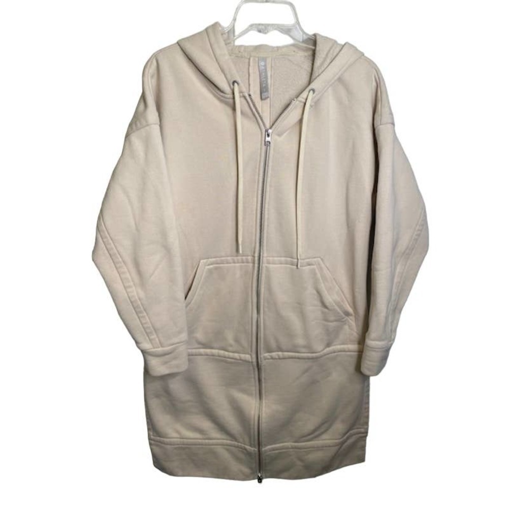Athleta Long Length 2 way Zip Front Hoodie, Side Slits, Cream Small Oversized